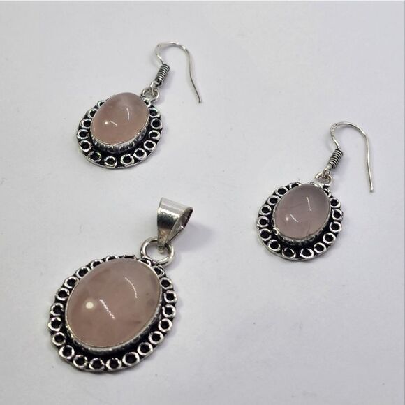 Rose Quartz Ethnic Handmade Pendant Earring Set Jewelry 1.2
